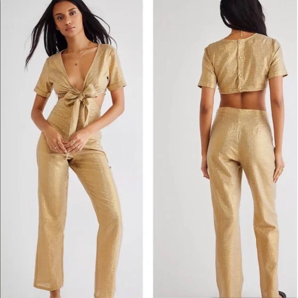 New Jen's Pirate Booty Free People Pioneertown Sm Gold Tan Knot CropTop Jumpsuit